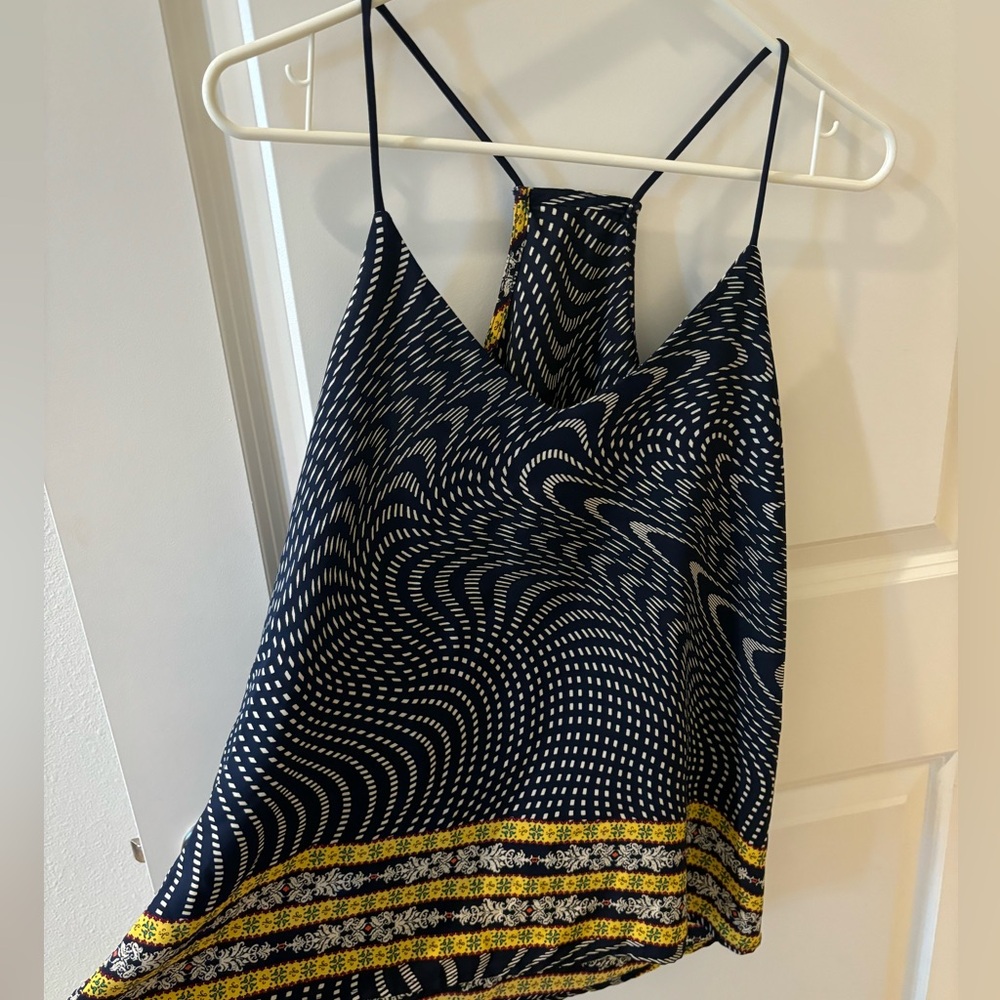 Flowy Sleeveless Blouse, Navy with White and Yellow Design